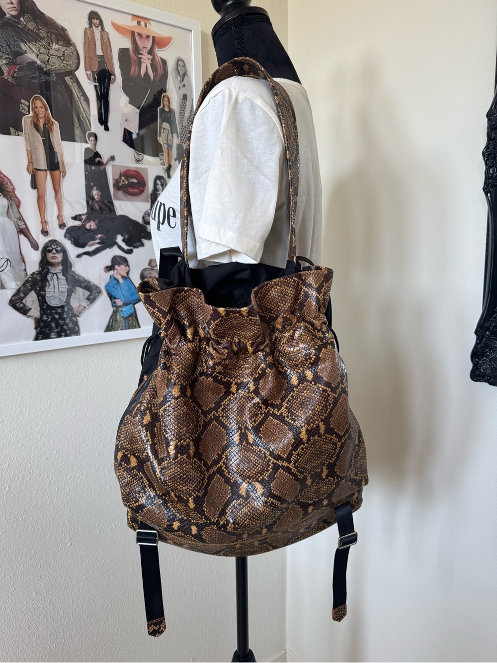 Elizabeth and James leather Snake-Print and nylon Drawstring Backpack/tote